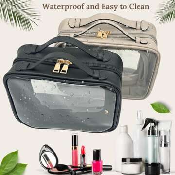 JAZD Clear Makeup Bag Toiletry Bag for Women Cosmetic Case Large Capacity Travel Make Up Bag Organizer Transparent Storage Compartment TSA Approved (BLACK)