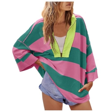 Trendy Oversized Striped Sweatshirt Women - Free People Dupe Casual Pullover Hot Pink