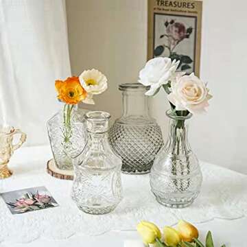 ZENFUN 6 Pack Glass Bud Vase, 6 Unique Vintage Styles Mini Table Flower Vases Decorative Clear Vases...