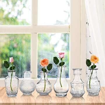 ZENFUN 6 Pack Glass Bud Vase, 6 Unique Vintage Styles Mini Table Flower Vases Decorative Clear Vases for Centerpieces, Home Decor, Events, Living Room