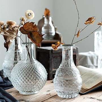 ZENFUN 6 Pack Glass Bud Vase, 6 Unique Vintage Styles Mini Table Flower Vases Decorative Clear Vases for Centerpieces, Home Decor, Events, Living Room
