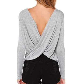 LIREROJE Women's Loose Backless Long Sleeve Top Blouse (S, Grey)