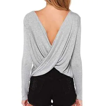LIREROJE Women's Loose Backless Long Sleeve Top Blouse (S, Grey)