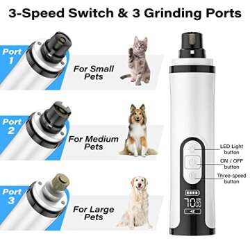 Dog Nail Grinder - Painless Quiet Pet Nail Trimmer with 2 LED Light, 3-Speed Professional Rechargeable Pet Nail Grinder for Safe Paws Grooming, Trimming & Smoothing for Small Medium Large Dogs Cats