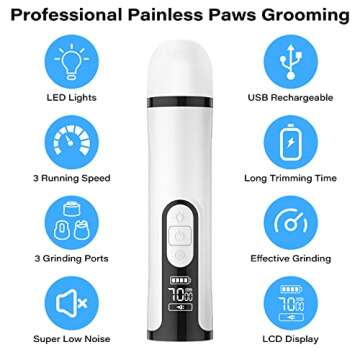 Dog Nail Grinder - Painless Quiet Pet Nail Trimmer with 2 LED Light, 3-Speed Professional Rechargeable Pet Nail Grinder for Safe Paws Grooming, Trimming & Smoothing for Small Medium Large Dogs Cats