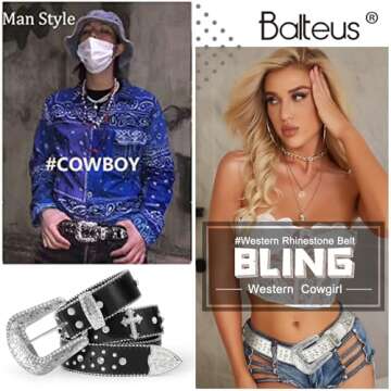 Women Men Rhinestone Belt,Fashion Western Cowgirl Cowboy Bling Studded Cross Leather Belt Diamond Be...