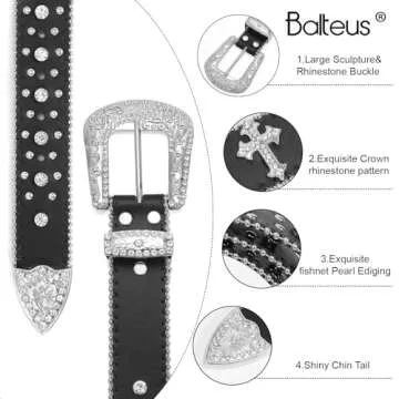 Women Men Rhinestone Belt,Fashion Western Cowgirl Cowboy Bling Studded Cross Leather Belt Diamond Belt for Jeans Dress,Black,M