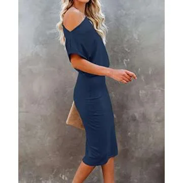 Ezbelle Women's Off Shoulder Bodycon Dress in Navy Blue