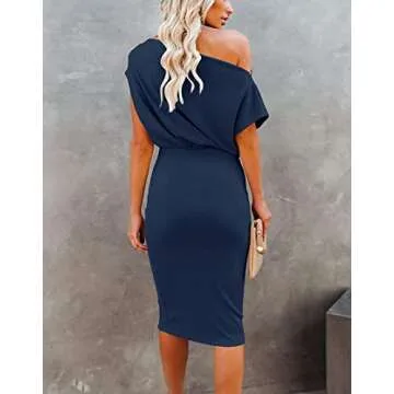 Ezbelle Women's Off Shoulder Bodycon Dress in Navy Blue