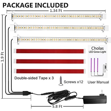 LED Grow Light Strips for Plants,Cholas 36W 132 LEDs Auto ON & Off Function,3/6/12H Timer 5 Dimmable Levels and 3 Switch Modes for Indoor Plants Gardening Greenhouse 3 Pack (Full Sepectrum Light) (L)