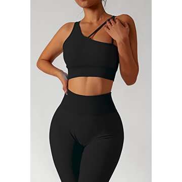 QINSEN Black Seamless Sport Bra for Women Yoga Pants Bodycon 2 Piece Outfits Running Activewear Set S