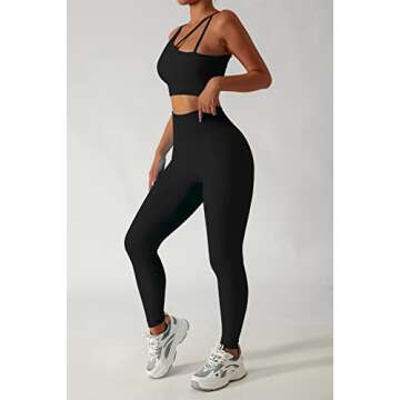 QINSEN Black Seamless Sport Bra for Women Yoga Pants Bodycon 2 Piece Outfits Running Activewear Set S