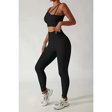 QINSEN Black Seamless Sport Bra for Women Yoga Pants Bodycon 2 Piece Outfits Running Activewear Set S