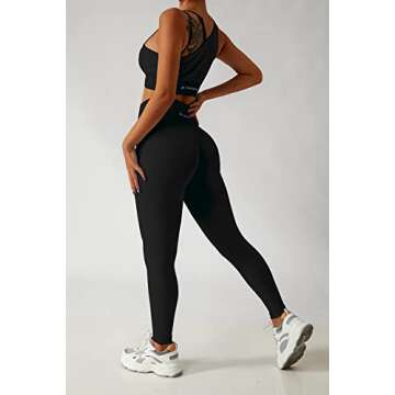 QINSEN Black Seamless Sport Bra for Women Yoga Pants Bodycon 2 Piece Outfits Running Activewear Set S