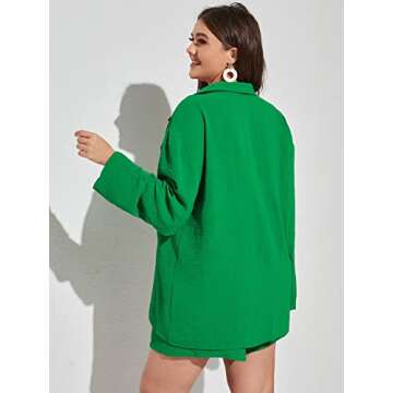 MakeMeChic Women's Plus Size Casual 2 Piece Outfits Long Sleeve Button Down Blouse and Shorts Set Green 2XL
