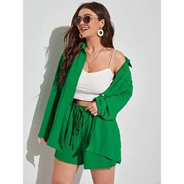 MakeMeChic Women's Plus Size Casual 2 Piece Outfits Long Sleeve Button Down Blouse and Shorts Set Green 2XL