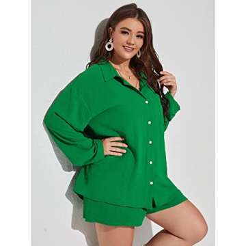 MakeMeChic Women's Plus Size Casual 2 Piece Outfits Long Sleeve Button Down Blouse and Shorts Set Green 2XL