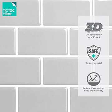 Tic Tac Tiles 12"x 12" Peel and Stick Self Adhesive Removable Stick On Kitchen Backsplash Bathroom 3D Wall Sticker Wallpaper Tiles in Subway Designs (Pure Gray, 5)