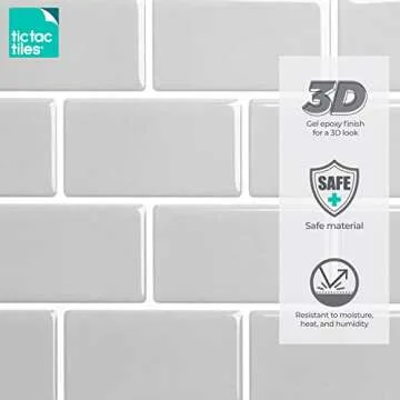 Tic Tac Tiles 12"x 12" Peel and Stick Self Adhesive Removable Stick On Kitchen Backsplash Bathroom 3D Wall Sticker Wallpaper Tiles in Subway Designs (Pure Gray, 5)