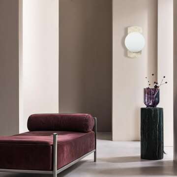 Organic Ivory Travertine Wall Sconce, Hand-Made Opaline Glass Globe Wall Light, Sturdy Unique Textured Sconce Decor, Wall Light Fixtures for Bedroom, Stairs, Living Room, Vanity, Bedside, Hallway