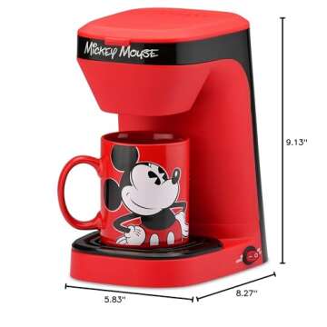 Disney Mickey Mouse 1-Cup Coffee Maker with 12 Oz Mug by Select Brands - Mickey Mouse Kitchen Accessories - Drip Coffee Maker & Mickey Mouse Cup - Gifts for Disney Lovers - Red