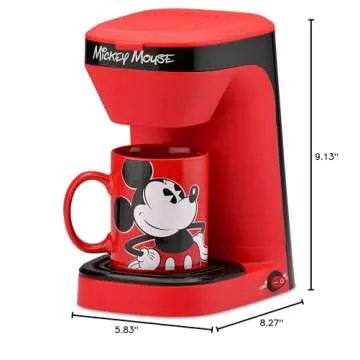 Disney Mickey Mouse 1-Cup Coffee Maker with 12 Oz Mug by Select Brands - Mickey Mouse Kitchen Accessories - Drip Coffee Maker & Mickey Mouse Cup - Gifts for Disney Lovers - Red