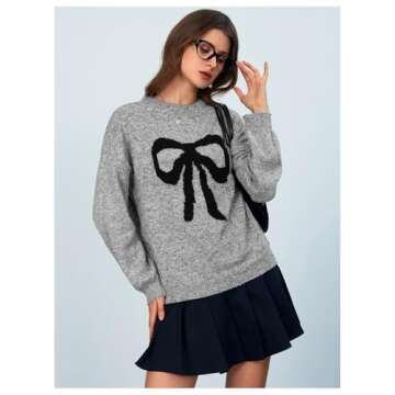 MakeMeChic Women's Y2K Bow Knot Sweaters Long Sleeve Mock Neck Pullover Sweaters Knit Top Grey Medium