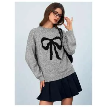 MakeMeChic Women's Y2K Bow Knot Sweaters Long Sleeve Mock Neck Pullover Sweaters Knit Top Grey Medium