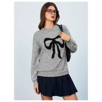 MakeMeChic Women's Y2K Bow Knot Sweaters Long Sleeve Mock Neck Pullover Sweaters Knit Top Grey Medium
