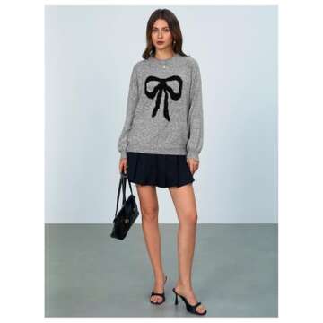 MakeMeChic Women's Y2K Bow Knot Sweaters Long Sleeve Mock Neck Pullover Sweaters Knit Top Grey Medium