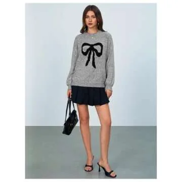 MakeMeChic Women's Y2K Bow Knot Sweaters Long Sleeve Mock Neck Pullover Sweaters Knit Top Grey Medium