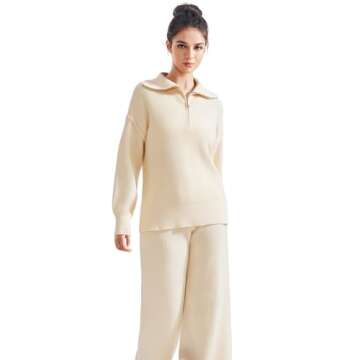 SUUKSESS Women 2 Piece Lounge Sets Quarter Zip Pullover Wide Leg Pants Oversized Matching Sets (Beige, XL)