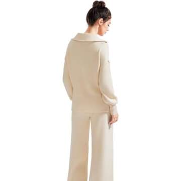 SUUKSESS Women 2 Piece Lounge Sets Quarter Zip Pullover Wide Leg Pants Oversized Matching Sets (Beige, XL)