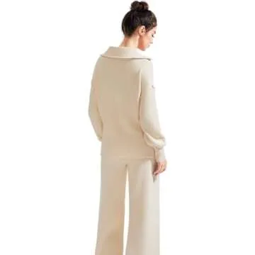 SUUKSESS Women 2 Piece Lounge Sets Quarter Zip Pullover Wide Leg Pants Oversized Matching Sets (Beige, XL)