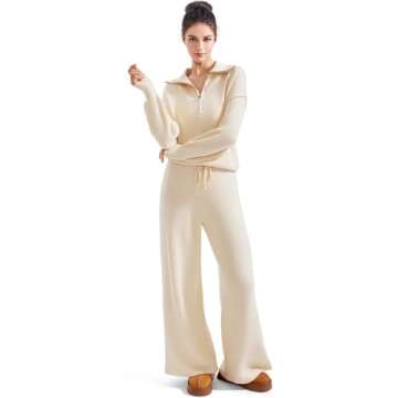 SUUKSESS Women 2 Piece Lounge Sets Quarter Zip Pullover Wide Leg Pants Oversized Matching Sets (Beige, XL)