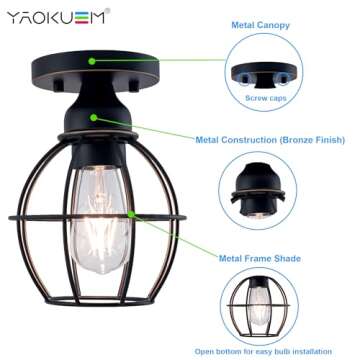 Stylish YaoKuem Semi Flush Mount Ceiling Light Fixture, E26 Compatible, 2-Pack