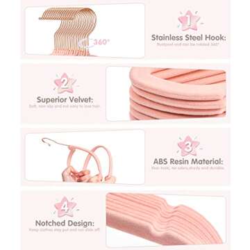Baby Hangers, VIS'V 11 Inch Pink Velvet Kids Hangers with 6 Pcs Size Dividers Non Slip Nursery Children Closet Clothes Hangers for Infant Toddler Girls and Boys 30 Pcs