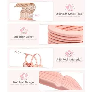 Baby Hangers, VIS'V 11 Inch Pink Velvet Kids Hangers with 6 Pcs Size Dividers Non Slip Nursery Children Closet Clothes Hangers for Infant Toddler Girls and Boys 30 Pcs