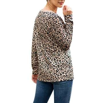 MOPOOGOSS Women Long Sleeve Round Neck Leopard Print Casual Loose T-Shirt Tunic Tee Khaki XL