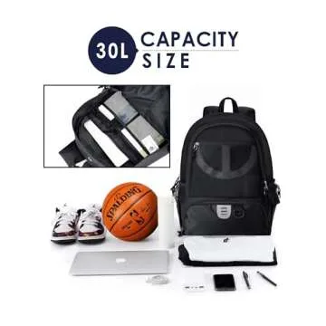 Basketball Bag Backpack for Men Women with Ball & Shoes Compartment 30L Capacity Lightweight Breathable Boys Girls Soccer Ball Bag Backpack Fit Volleyball Football Sports Travel School Gym Black