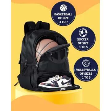 Basketball Bag Backpack for Men Women with Ball & Shoes Compartment 30L Capacity Lightweight Breathable Boys Girls Soccer Ball Bag Backpack Fit Volleyball Football Sports Travel School Gym Black