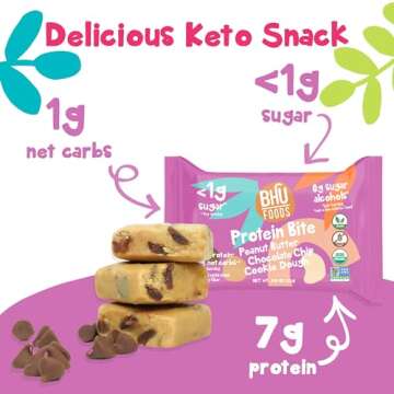 Bhu Foods Keto Bites, Peanut Butter Chocolate Chip Cookie Dough, Organic Keto Snacks for Adults & Kids, Gluten Free, Vegan, Low Carb & Sugar, Individually Wrapped (1 Pack)
