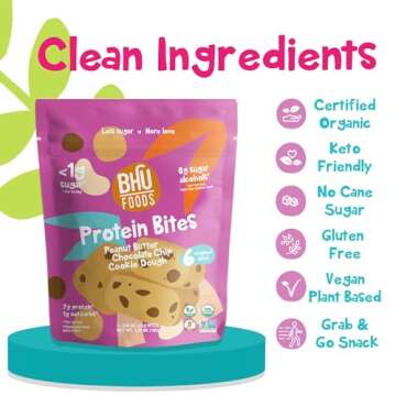 Bhu Foods Keto Bites, Peanut Butter Chocolate Chip Cookie Dough, Organic Keto Snacks for Adults & Kids, Gluten Free, Vegan, Low Carb & Sugar, Individually Wrapped (1 Pack)