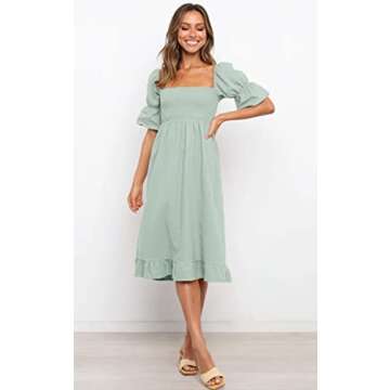 Angashion Women Square Neck Dress Solid Short Puff Sleeve Smocked Waist Knee Length Ruffle Summer Midi Dresses LightGreen Small