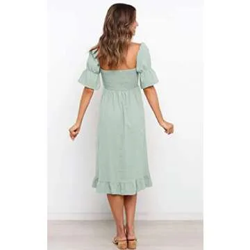 Angashion Women Square Neck Dress Solid Short Puff Sleeve Smocked Waist Knee Length Ruffle Summer Midi Dresses LightGreen Small