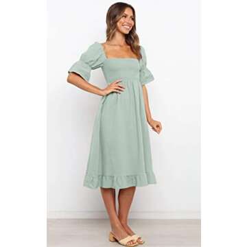 Angashion Women Square Neck Dress Solid Short Puff Sleeve Smocked Waist Knee Length Ruffle Summer Midi Dresses LightGreen Small