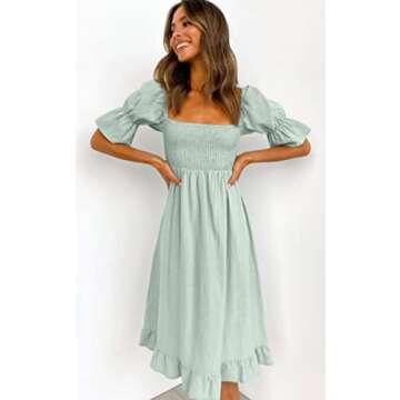 Angashion Women Square Neck Dress Solid Short Puff Sleeve Smocked Waist Knee Length Ruffle Summer Midi Dresses LightGreen Small