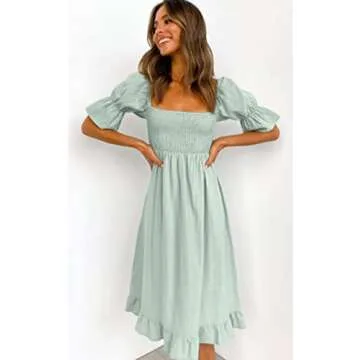 Angashion Women Square Neck Dress Solid Short Puff Sleeve Smocked Waist Knee Length Ruffle Summer Midi Dresses LightGreen Small