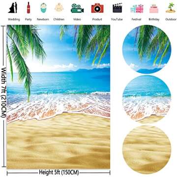 5x7ft Summer Tropical Beach Background Photo Props Blue Sea Sky Seaside Island Palm Trees for Studio,Wedding,Party Photography Backdrops Vinyl