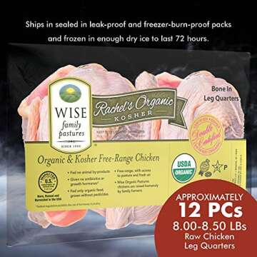 Wise Organics Double Certified Organic Bone-in Skin-on Chicken Leg Quarters, Glatt Kosher, Non GMO, Free Range (8.00-8.50 Pounds, 12 Pcs Approx.)